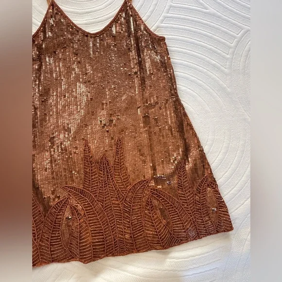 Copper Color Sequin and Beadwork Mini Dress lined holiday bling - Picture 9 of 14